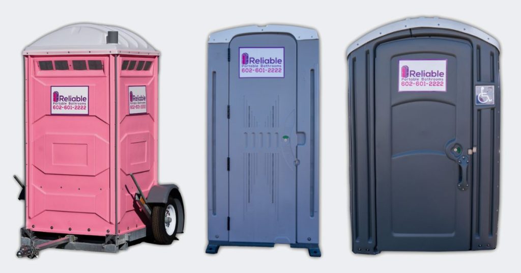 Three types of porta-potties from Reliable Portable Bathrooms for different events and sites.
